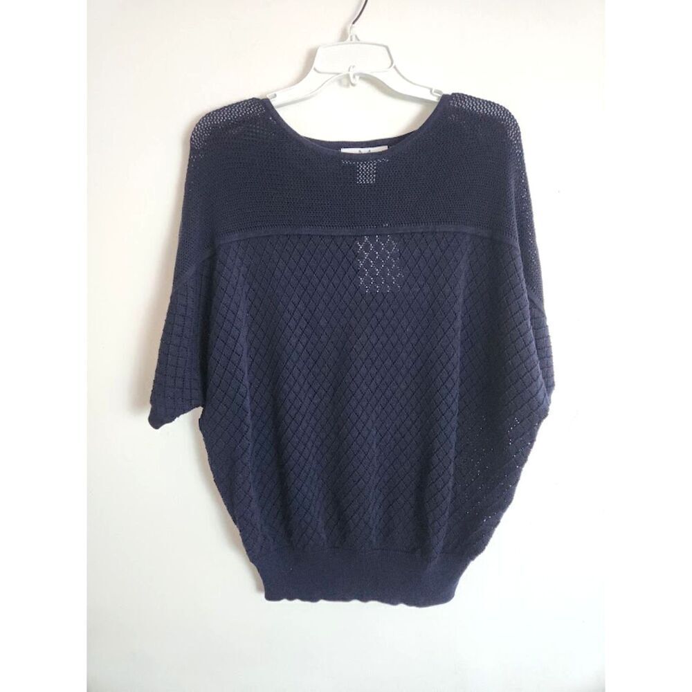 NWT Magaschoni Women Dark Blue Cotton/Modal Open Knit Dolman Sleeve Top Large
